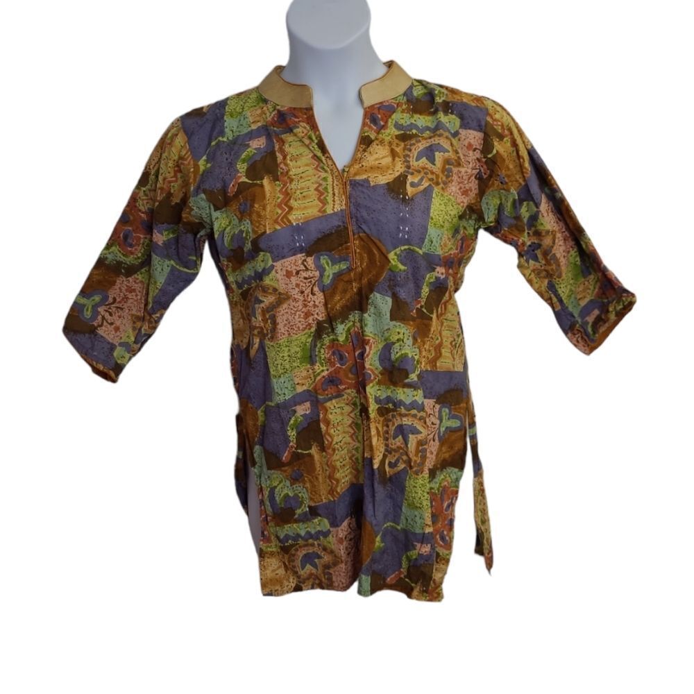 VINTAGE eyelet multicolor abstract print kurti tunic shirt dress S